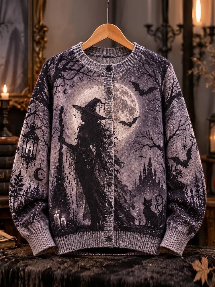 Retro Dark Castle Halloween Witch Moon Bat Black Cat Pattern Knitted Button Cardigan Sweater