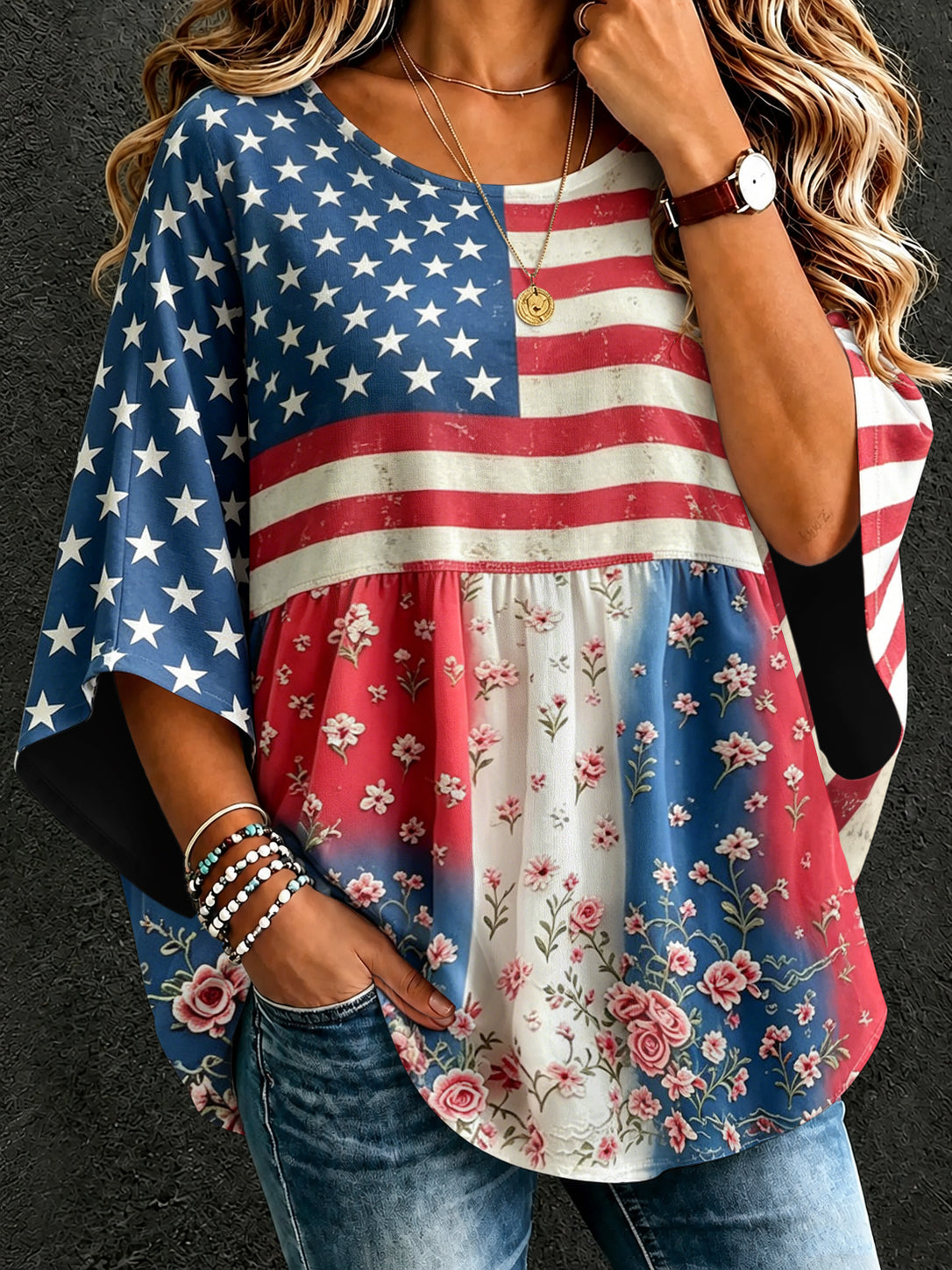 Women's American Flag Floral Vintage Loose T-Shirt