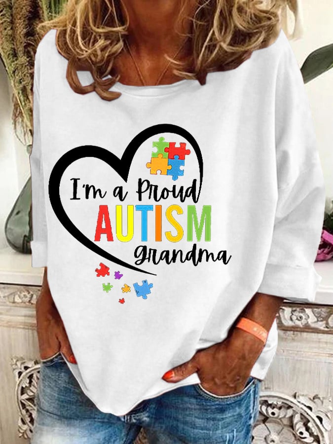 Retro Autism Awareness Love Heart Puzzle I'm A Proud Autism Grandma Print Sweatshirt