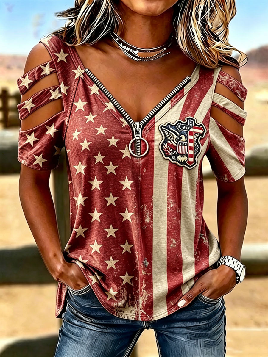 Female Faith Casual Hollowed Out Patriotic T-Shirt