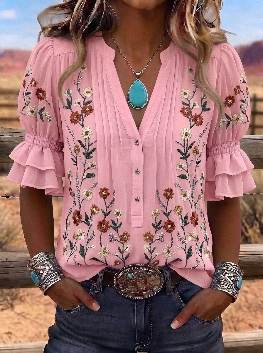 Women's Western Vintage Floral Embroidered Ruffle Sleeve Blouse