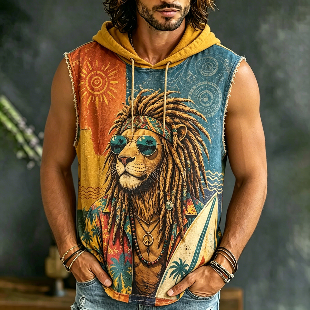 Men's Hippie Lion Color-blocked Vacation Casual Hooded Vest