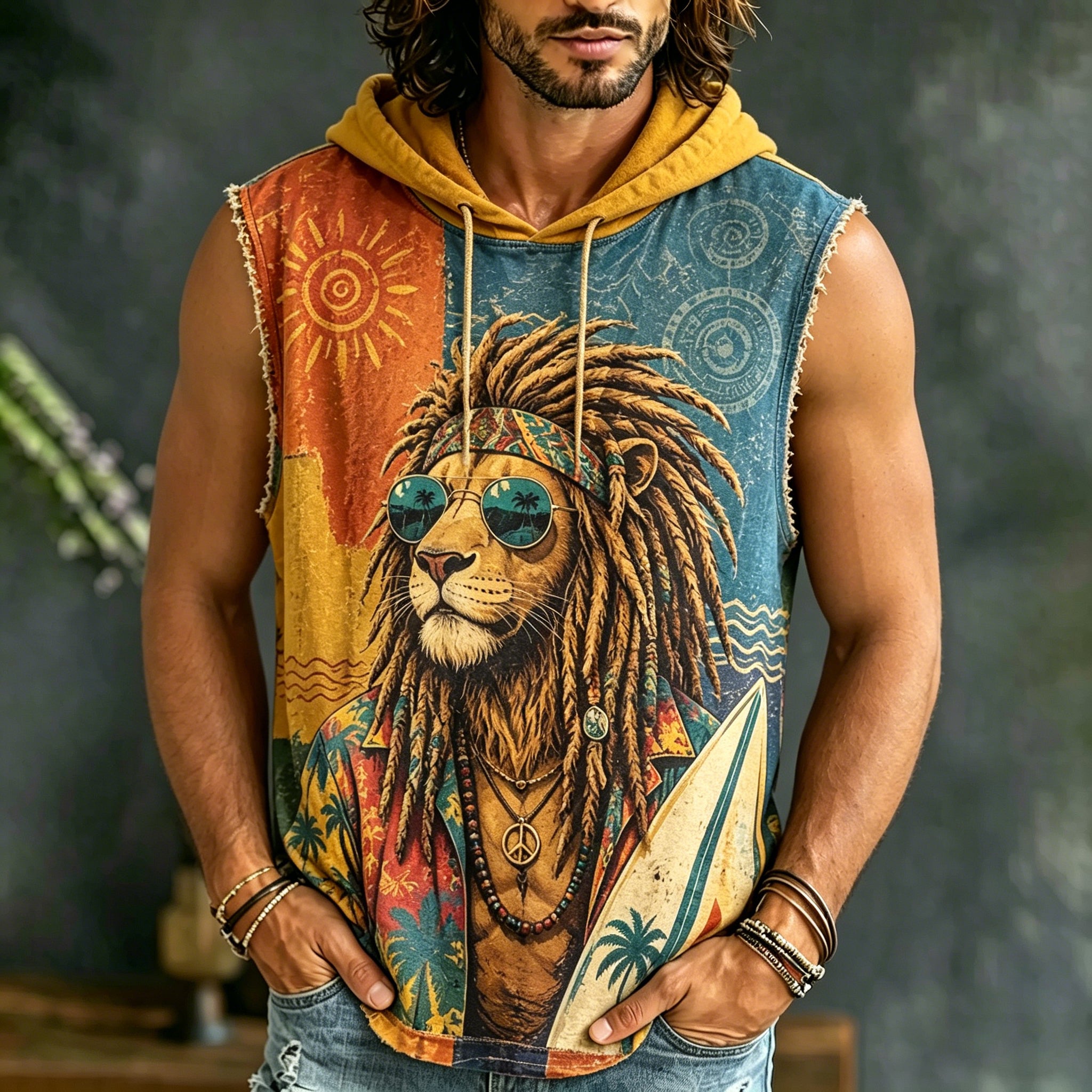 Men's Hippie Lion Color-blocked Vacation Casual Hooded Vest