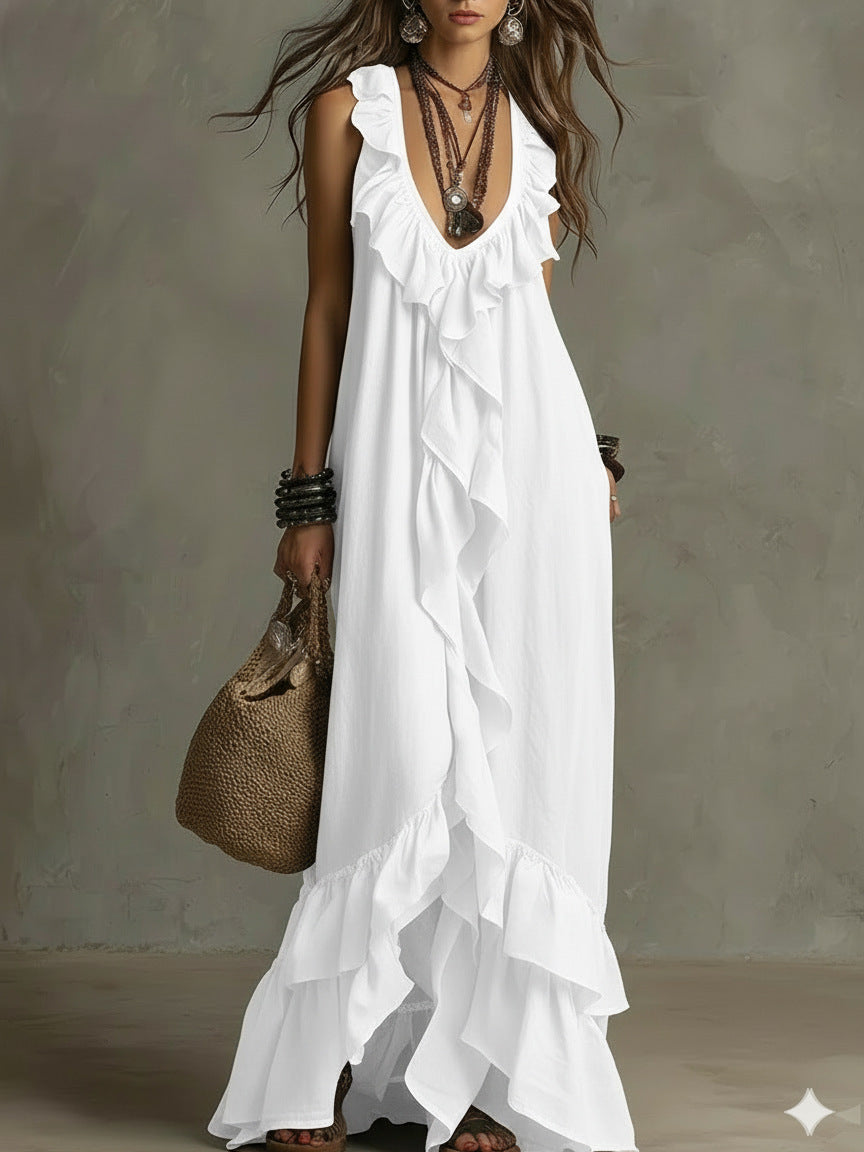 Elegant Bohemian V Neck Ruffle Maxi Dress