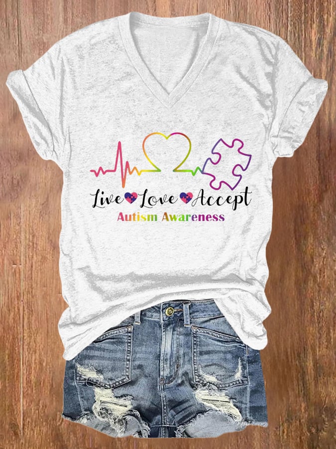 V-neck Retro Autism Awareness Live Love Accept Print T-Shirt