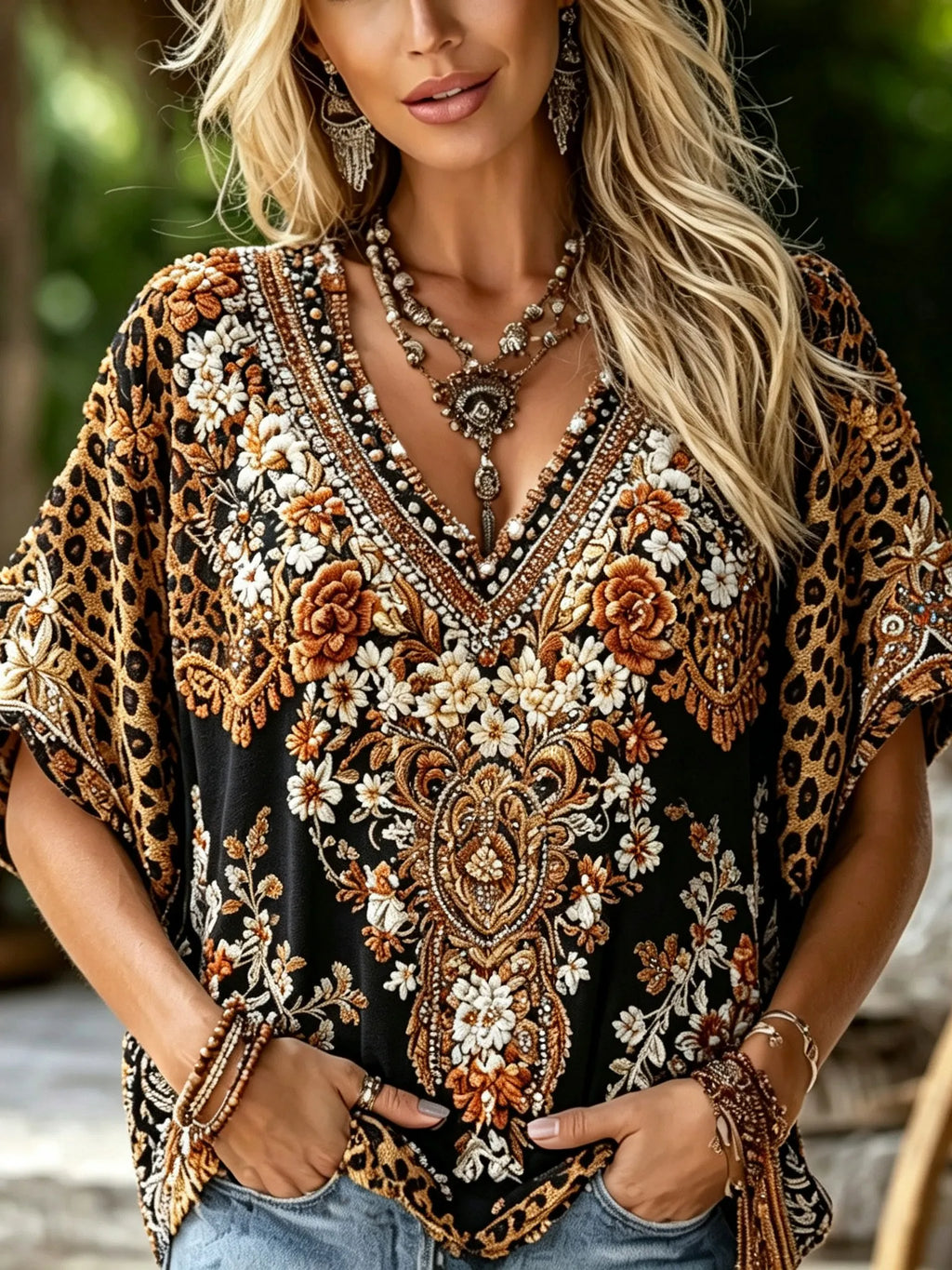 Women's Retro Floral Leopard Print Cotton Linen Casual V-neck Short Sleeve T-shirt
