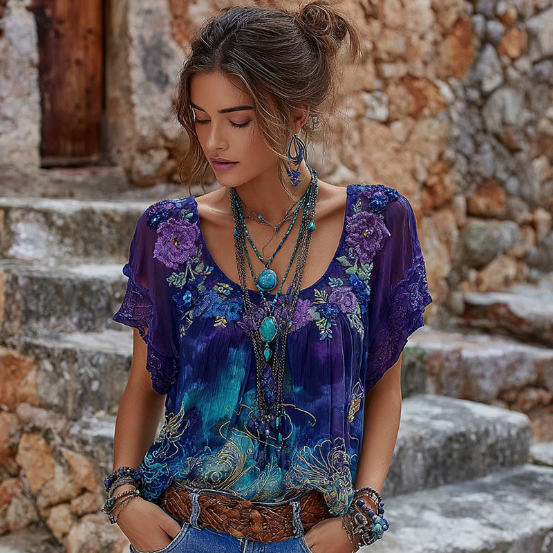 Women's Retro Purple Floral Embroidery Pattern Casual  T-shirt