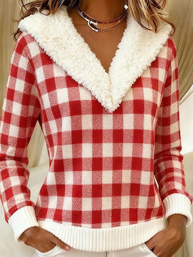 Women's Casual Christmas Print Patchwork Fur Collar Knit Top