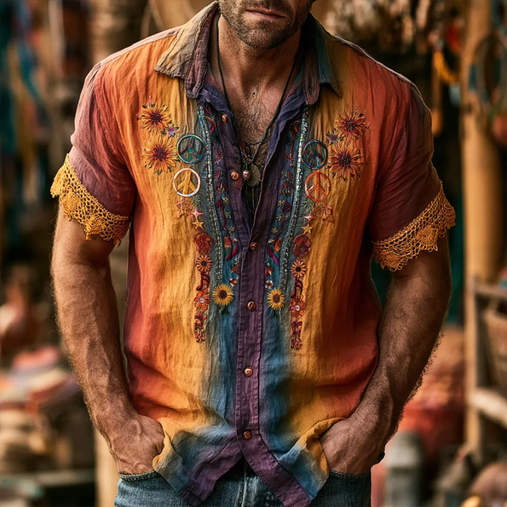 Men's Hippie Floral And Peace Symbol Art Tie-dye Casual Linen Blend Short Sleeve Shirt