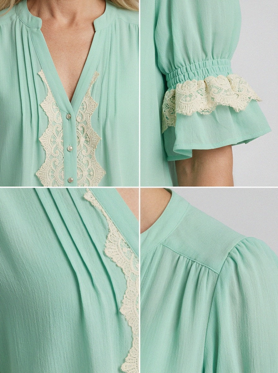 Women's Western Vintage Lace Trim Puff Sleeve Blouse