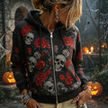 Women's Retro Skull Red Rose Dice Snake Print Gothic Halloween Full Zip Hooded Sweatshirt Casual Jacket