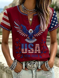 Women'S Casual Cotton Linen American Independence Day Floral Art Printed Short Sleeved T-Shirt