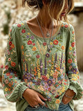 Women's Colorful Floral Art Embroidery Comfortable Cotton Linen Crew Neck Long Sleeve Top