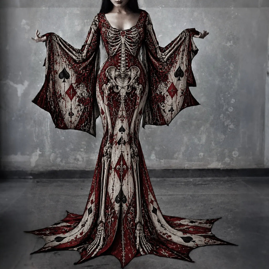 Women's Gothic Skeleton With Poker Batwing Flare Sleeve Round Neck Bodycon Maxi Dress – Halloween Costume