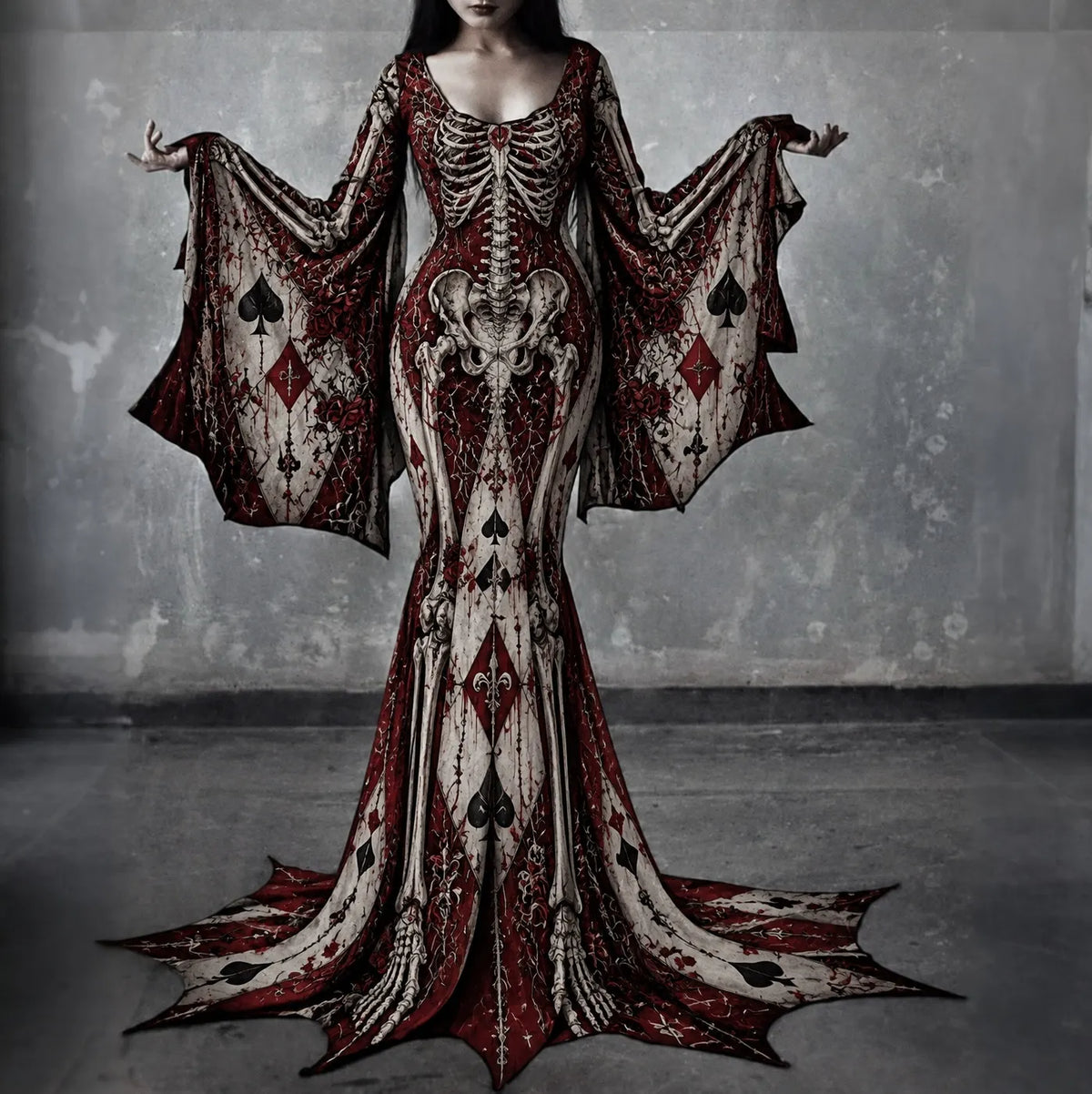 Women's Gothic Skeleton With Poker Batwing Flare Sleeve Round Neck Bodycon Maxi Dress – Halloween Costume