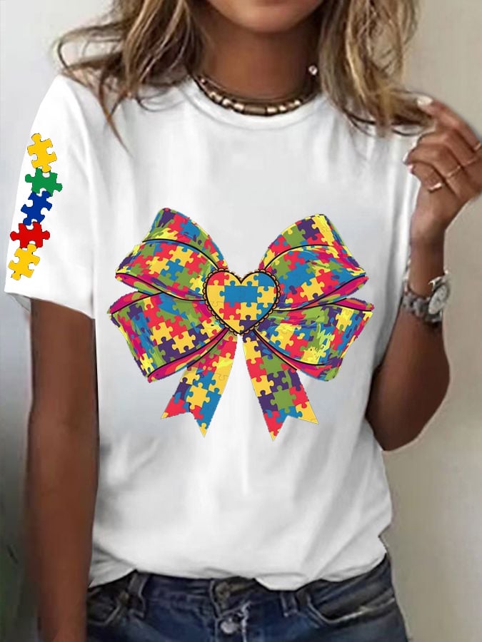 Women's Autism Awareness Bow Design Printed Casual T-Shirt