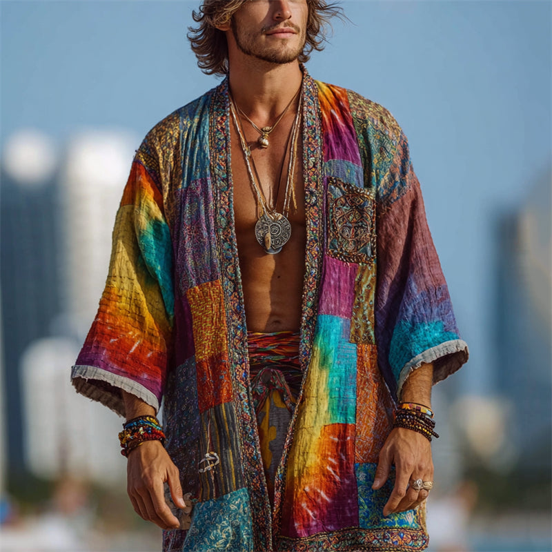 Men's Vintage Hippie Tie Dye Patchwork Linen Cardigan