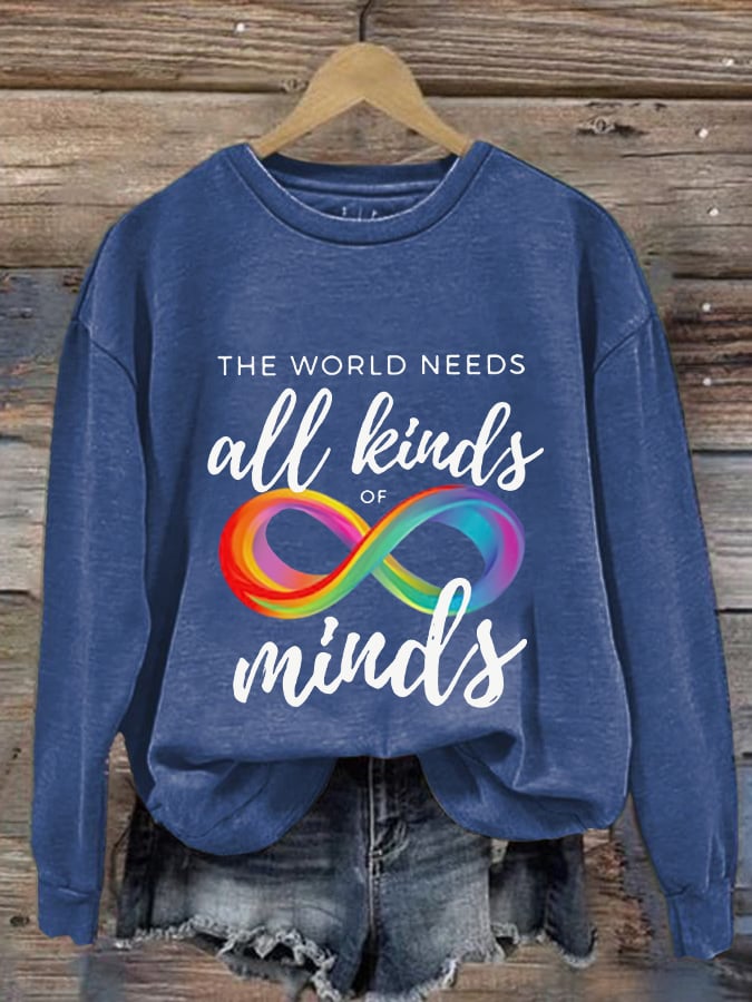 Women'S The World Needs All Kinds Of Minds  Autism Acceptance Print Long Sleeve Sweatshirt