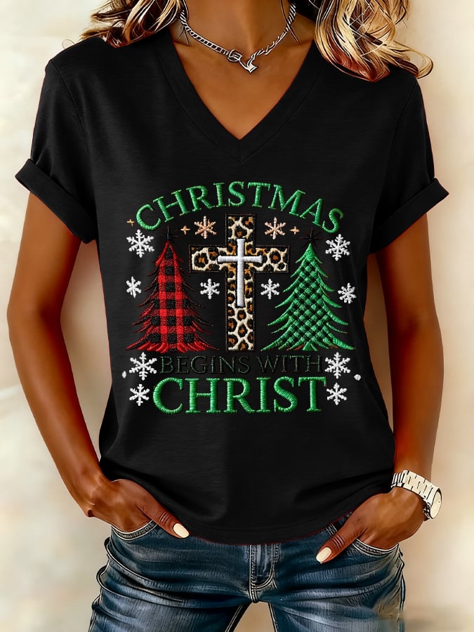 Women's Christmas Cross Print V-Neck T-Shirt