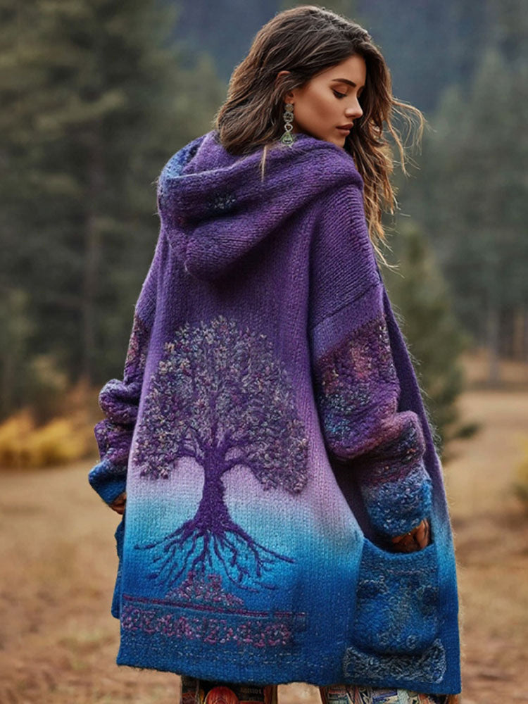 Women's Viking Floral And Life Of Tree Art Knitted Cozy Hooded Cardigan