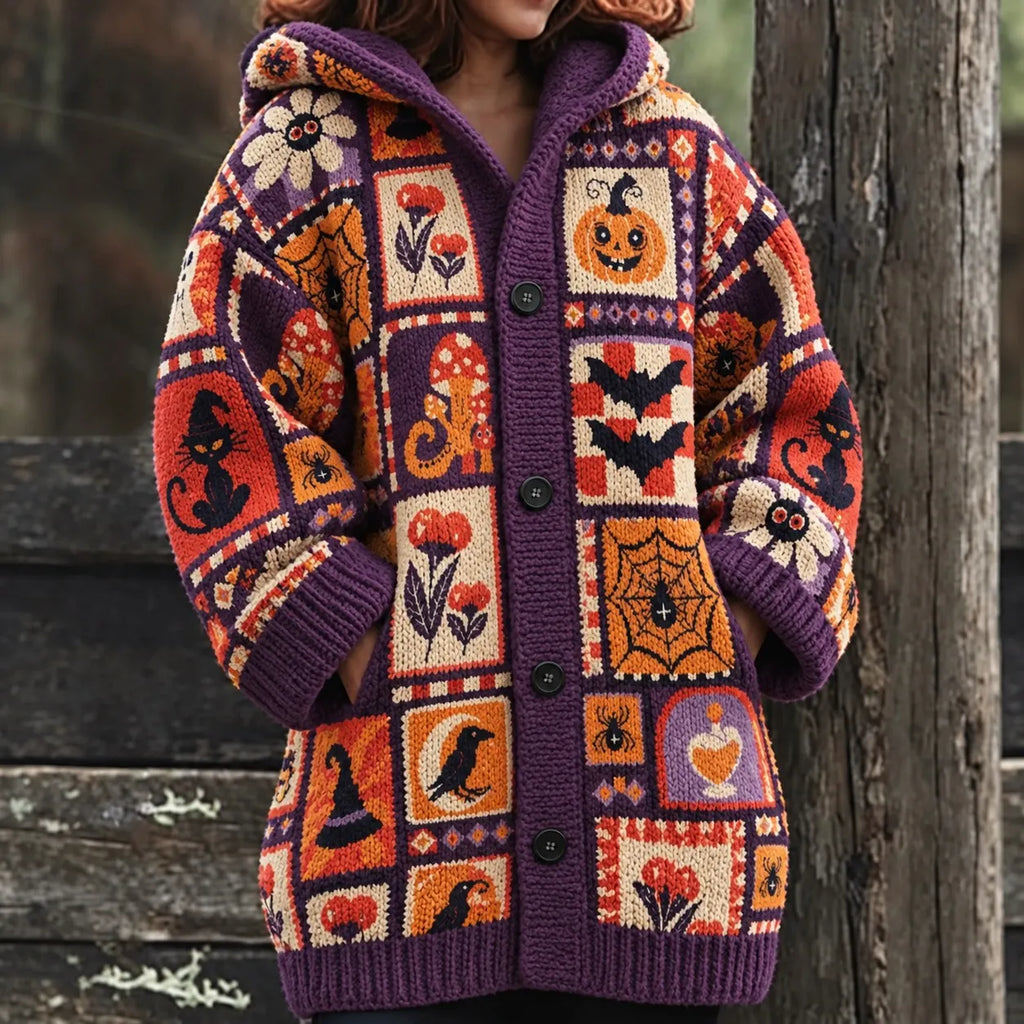 Women's Halloween Black Cat Raven And Pumpkin Jacquard Knit Cardigan
