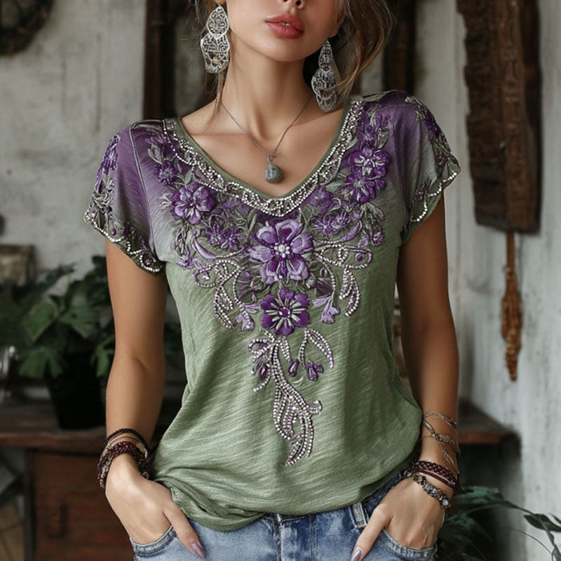 Women's Retro Floral Rhinestone Embroidery Cotton Linen Casual T-shirt
