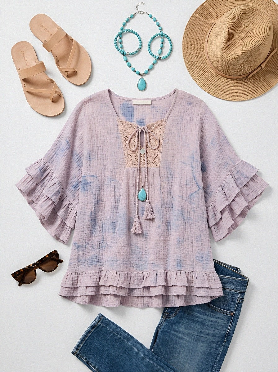 Women's Western Vintage Boho Lace Trim Ruffle Sleeve Printed Top