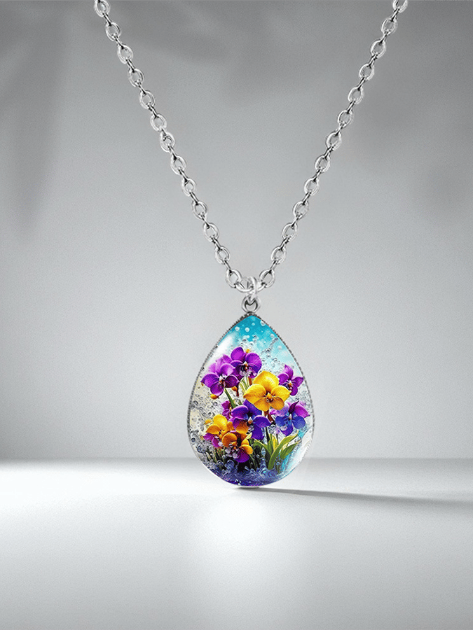 Purple Drop-Shaped Pansy Flower Design Necklace
