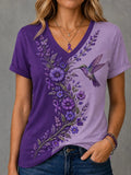 Women's Purple Floral Print Comfortable V-Neck T-Shirt