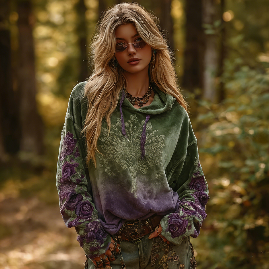 Retro Bohemian Style Plant Flower Pattern Gradient Women's Flannel Sweatshirt