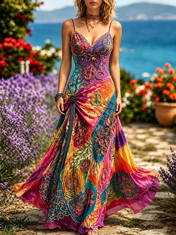 Women's Hippie-style Floral And Peace Symbol Color-blocked Dress