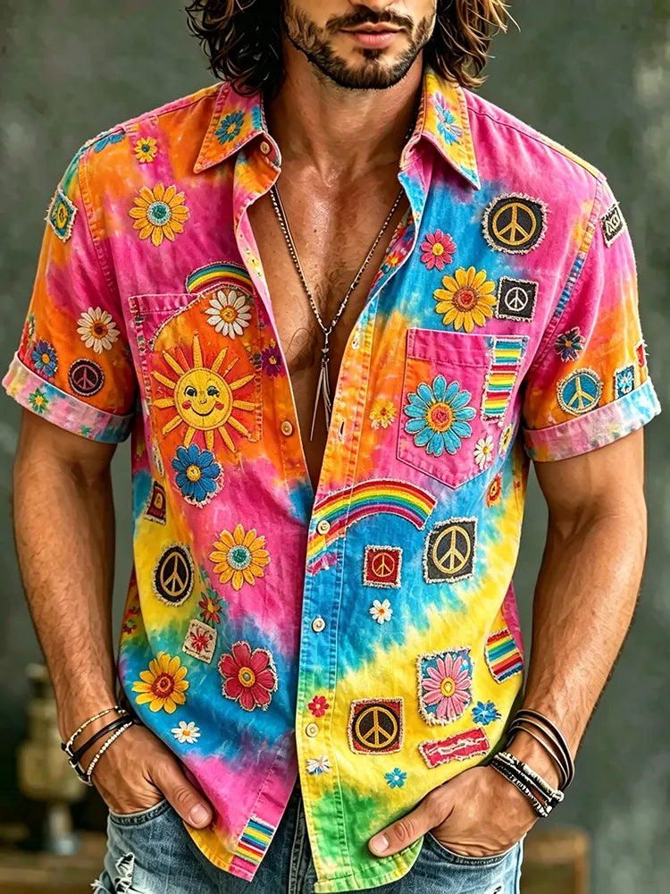 Men's Hippie Logo Floral Rainbow Design Short-sleeved Shirt