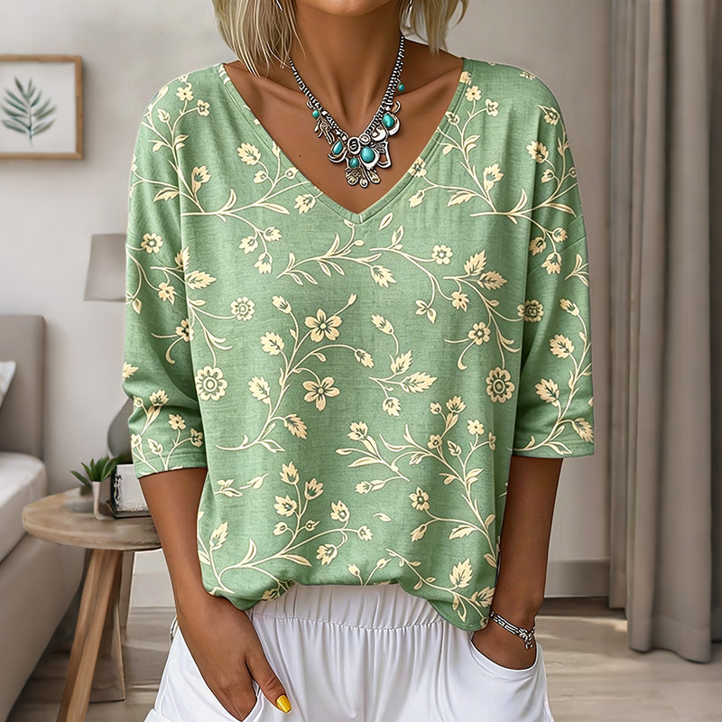 Women's Floral Art Print Flowy Linen Blend  Three-quarter Sleeve V Neck Linen Tops