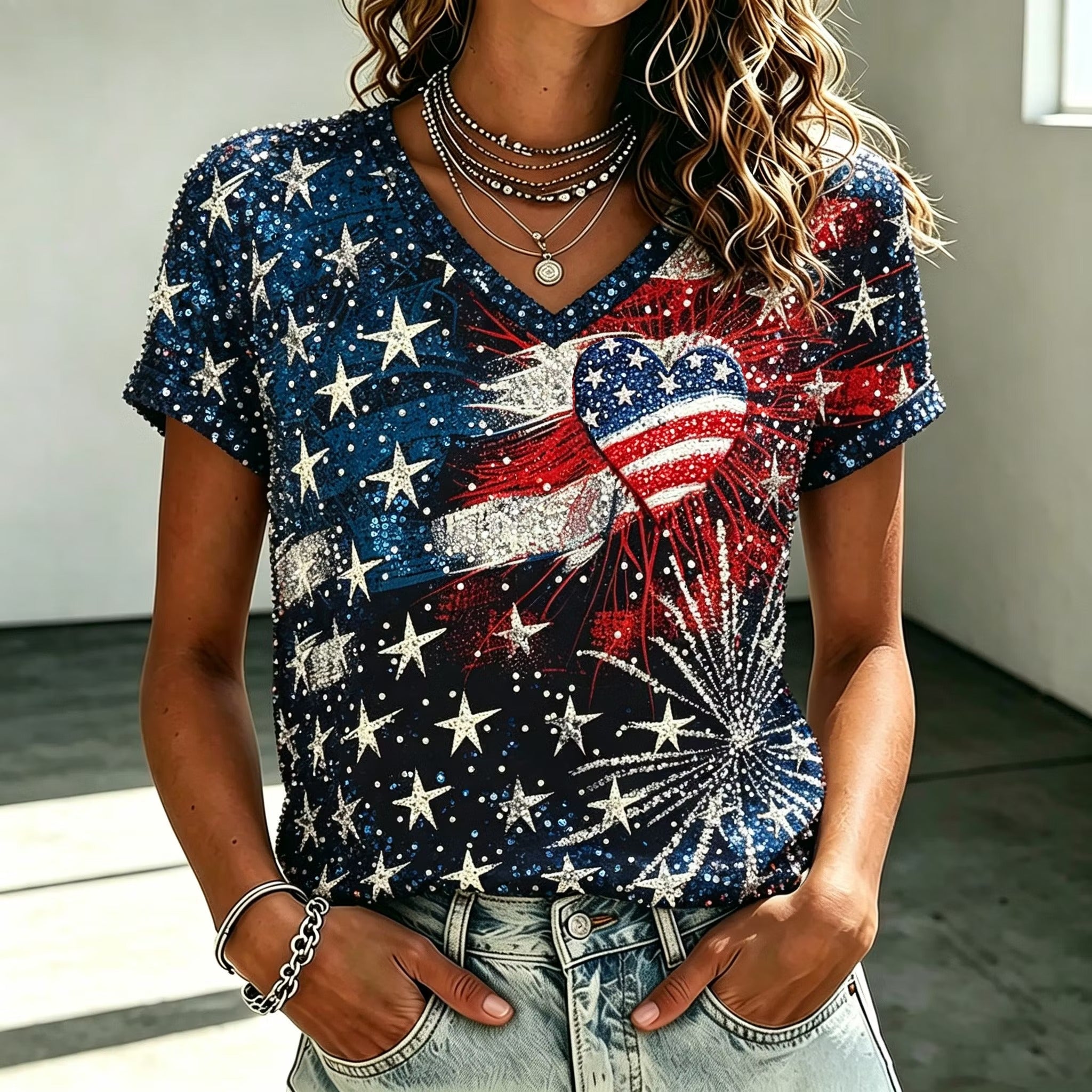 Women's American Flag And Fireworks Print Sequined V-neck T-shirt