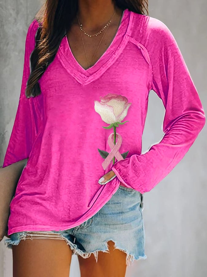 Women's Pink Breast Cancer Floral Print T-Shirt