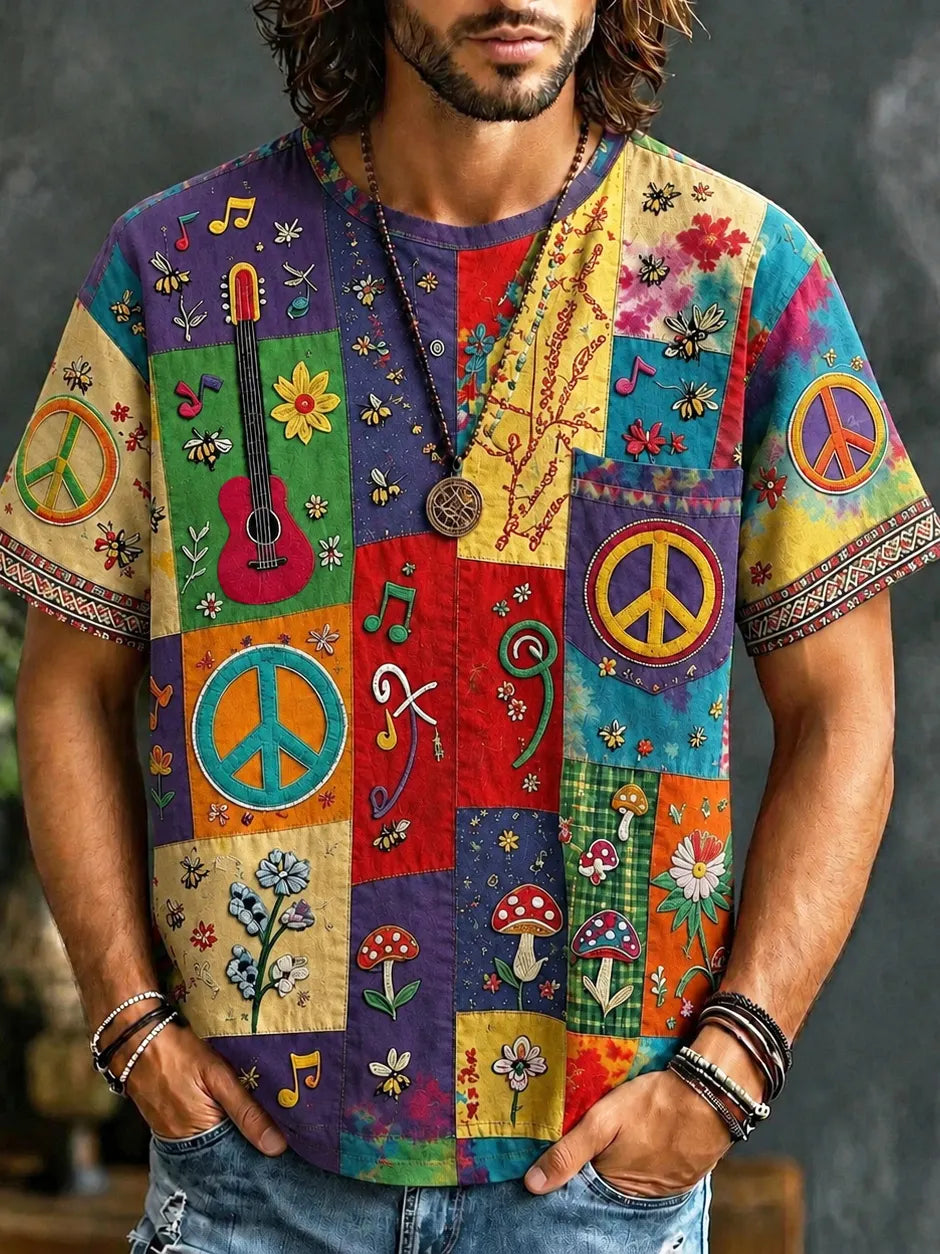 Men's Peace Sign And Guitar Hippie Patchwork Print Casual T-shirt