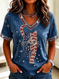 Women'S Cat Printed Casual V-Neck T-Shirt