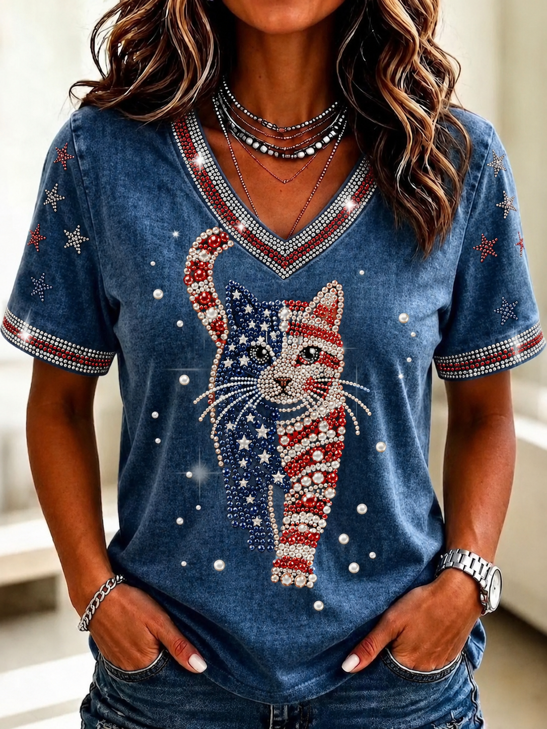 Women'S Cat Printed Casual V-Neck T-Shirt