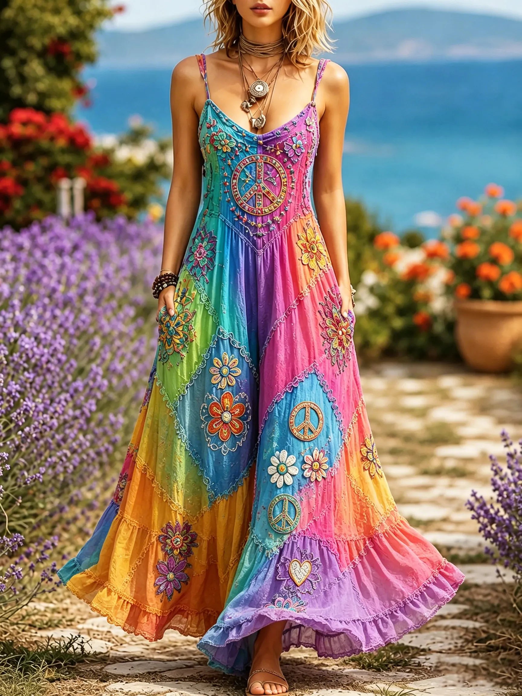 Women's Hippie Floral Peace Sign Contrast Patchwork Sleeveless Dress