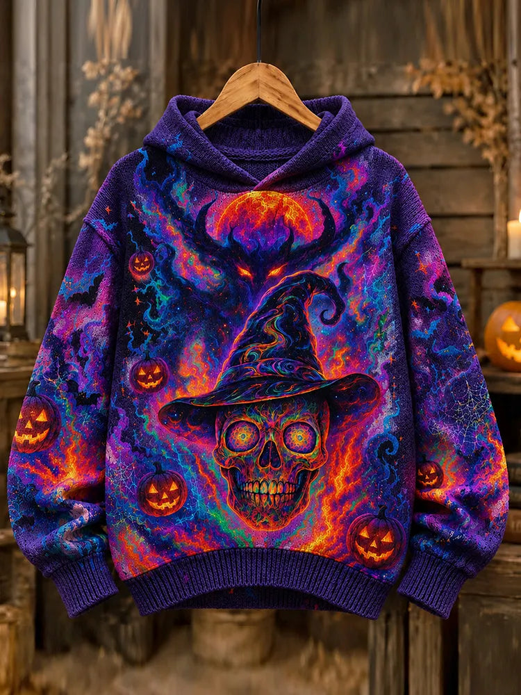 Retro Gothic Dark Aesthetics Halloween Neon Skull Wizard Psychedelic Universe Pumpkin Bat Pattern Hooded Sweater
