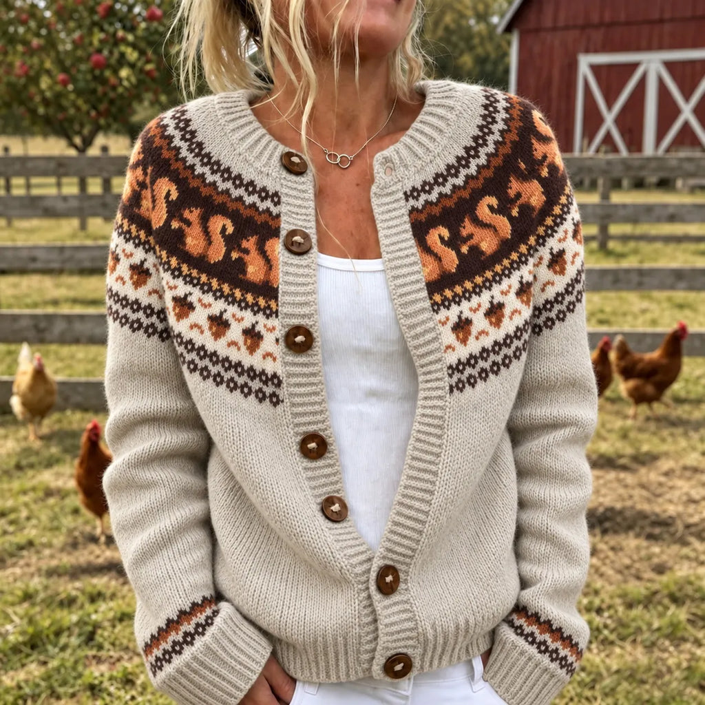 Women's Vintage Squirrel Pattern Cozy Knit Cardigan