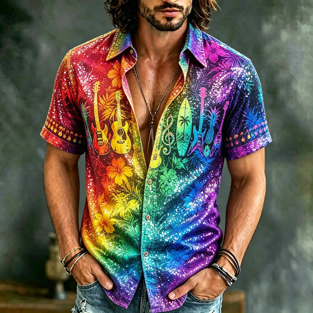 Men's Casual Retro Floral Guitar Tie-dye Short-sleeve Shirt