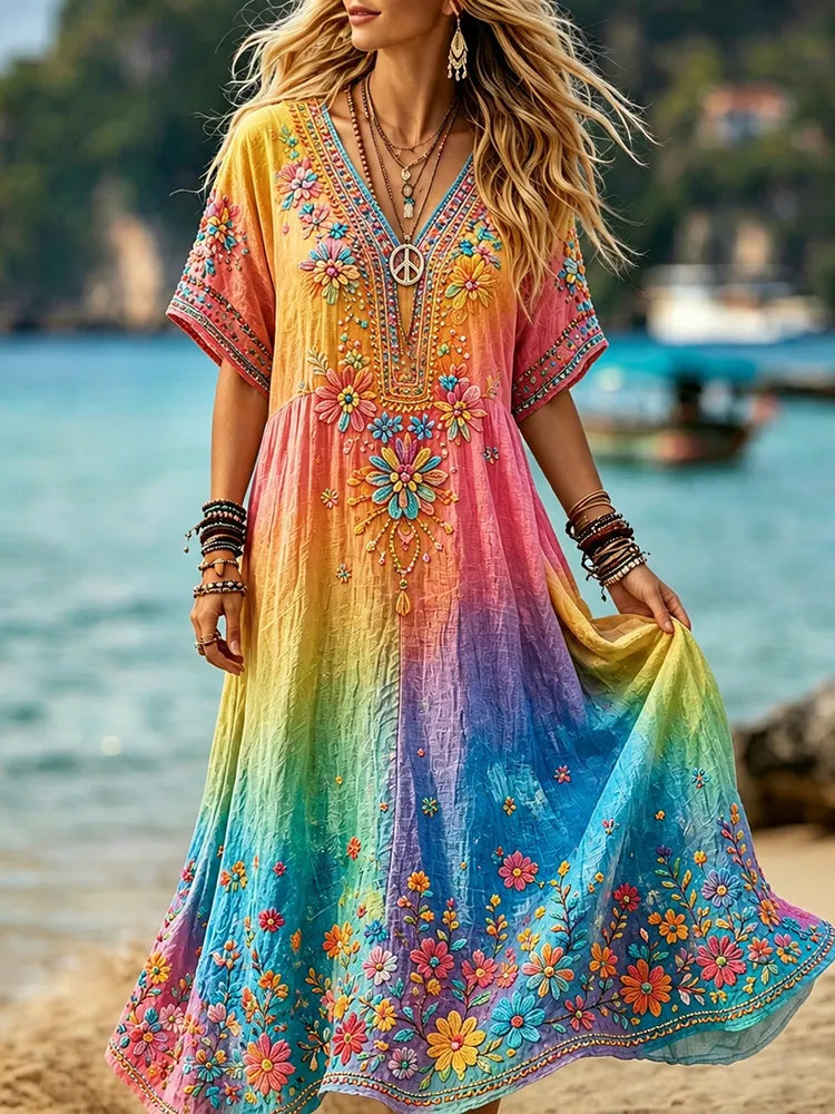 Women's Retro Hippie Floral Art Flowy V Neck Short Sleeve Maxi Dress