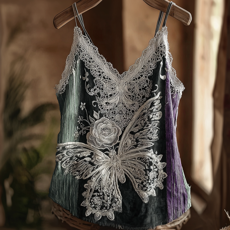 Butterfly Flower Lace Embroidery Patchwork Striped Design Women's Summer Linen Vest