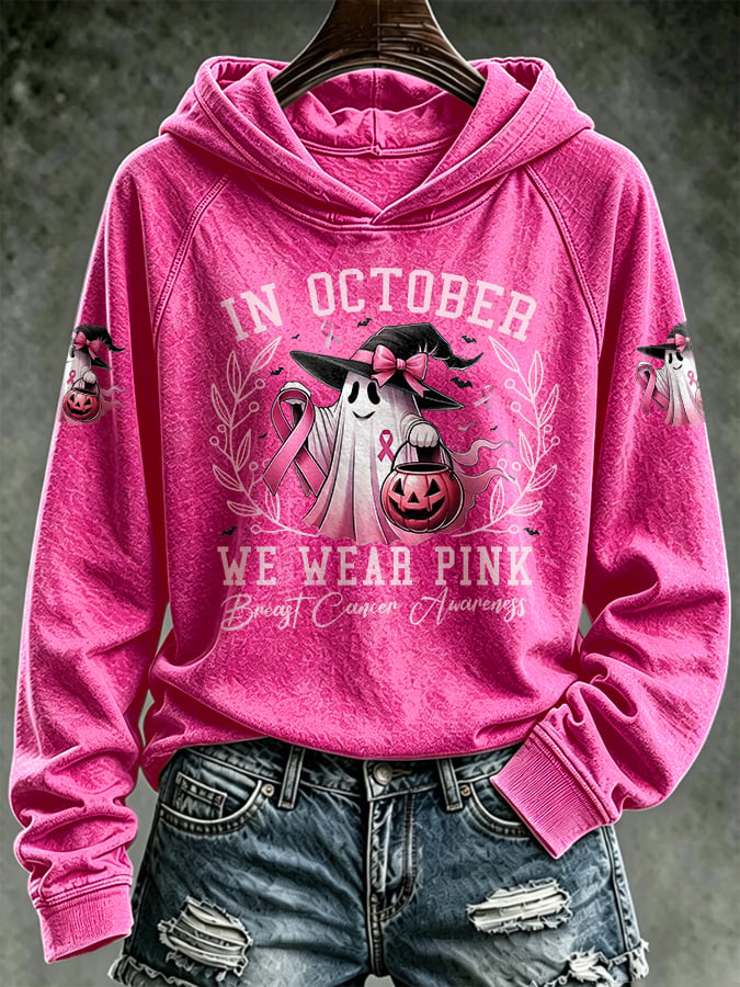 Retro Breast Cancer Awareness Ghost Pumpkin In October We Wear Pink Print Hoodie