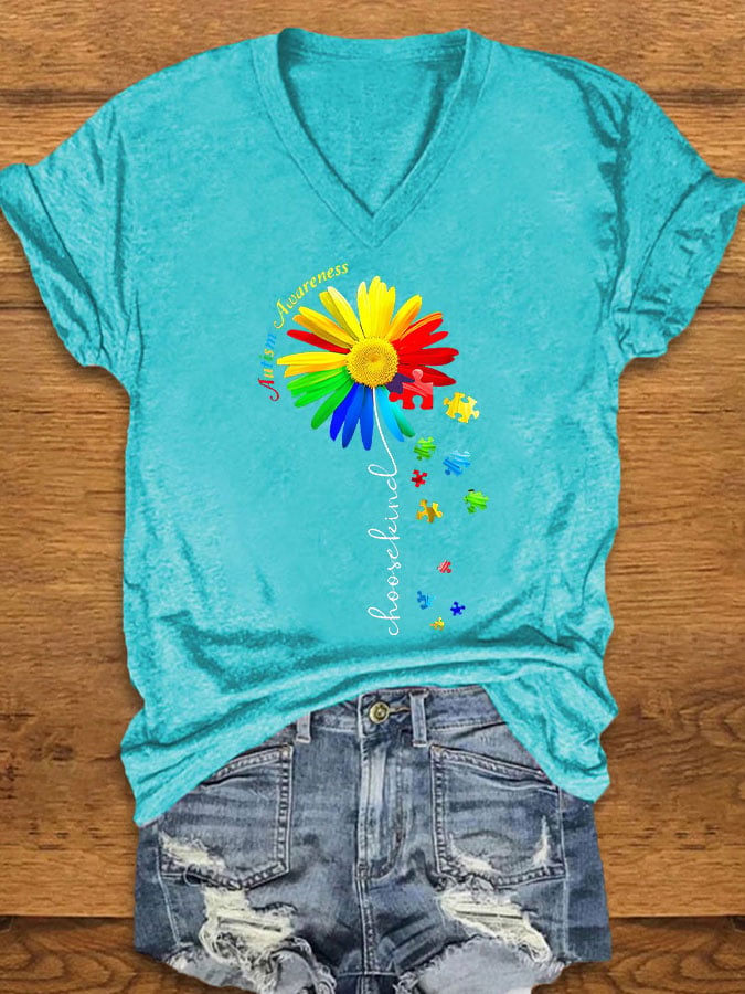Women's Autism Awareness Floral Print T-Shirt