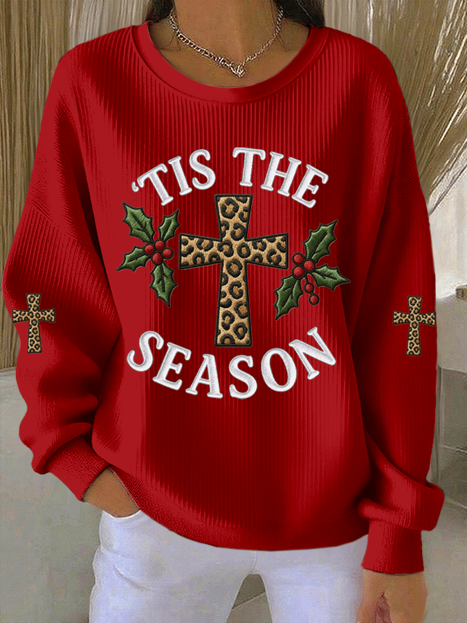 Women's Christmas Faith Print Knit Crew Neck Long Sleeve Top
