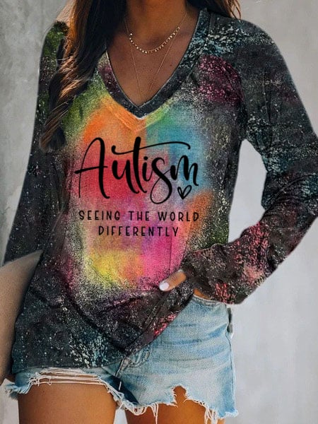 Women's Autism Seeing The World Differently V-Neck Long Sleeve T-Shirt