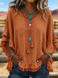 Women's Western Vintage Boho Lace Trim Ruffled Printed Top