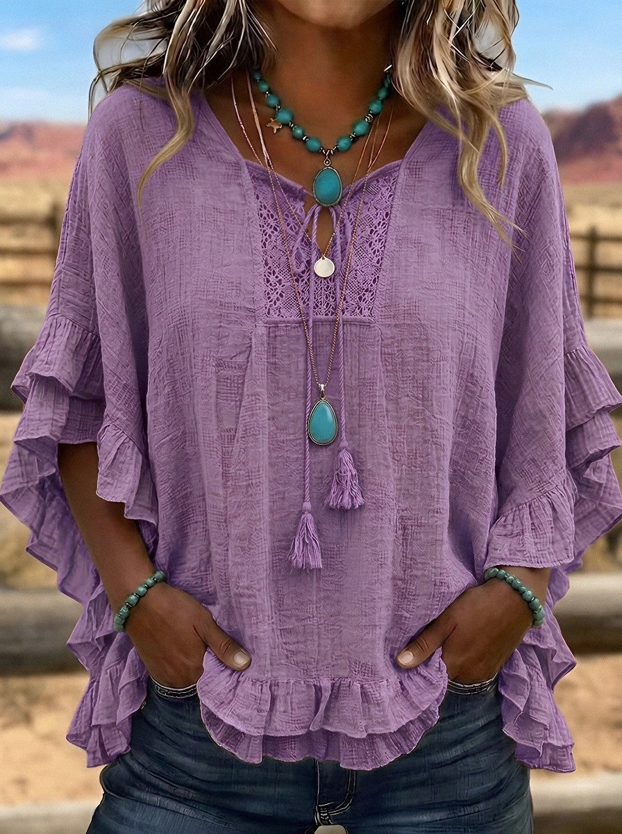 Women's Western Vintage Boho Lace Trim Ruffled Printed Top
